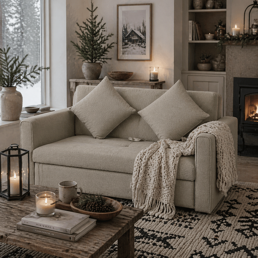 Paraco Snow Flannel Light Brown 2 Seater Pull Out Sofa Bed With Storage And Cushions