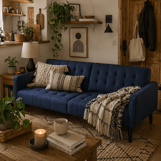 Rolano Dark Blue Upholstered 3 Seater Sofa Bed Tufted Diamond Pattern