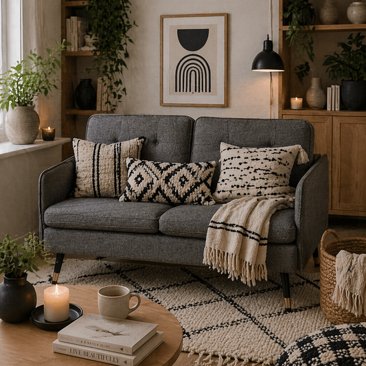 Luta Fabric Dark Grey Button Tufted 2 Seater Sofa With Cushions And Steel Legs