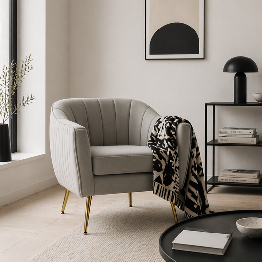 Pado Hane Velvet Grey Shell Back Accent Chair Golden Metal Legs