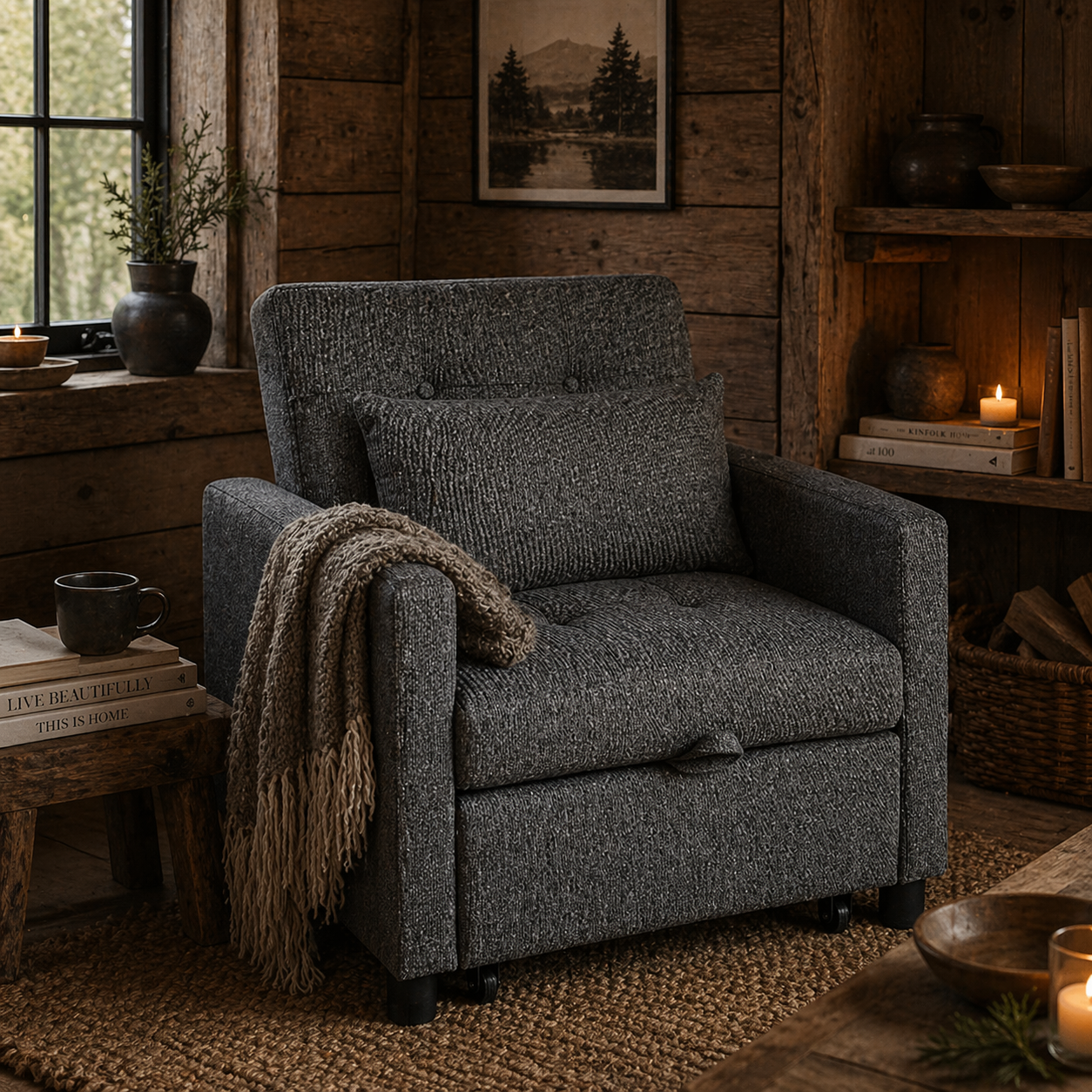 Loco Suro Dark Grey 3 In One Convertible Chair Bed With Adjustable Back Cushion And Footrest