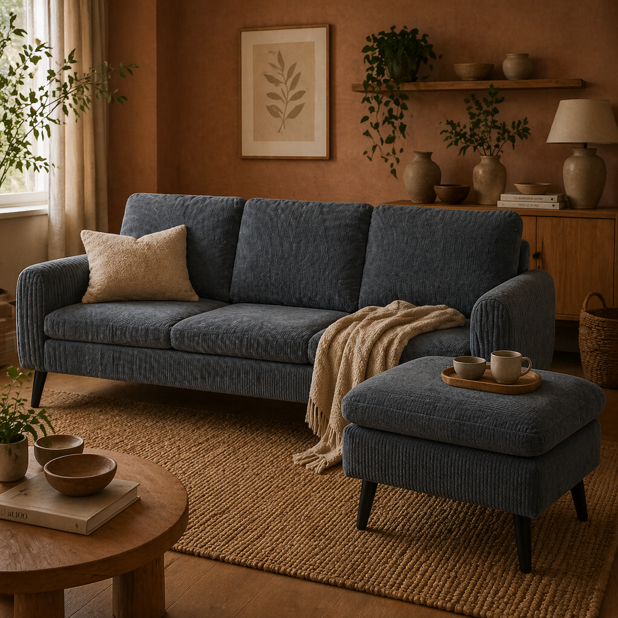 Vanefi Nami Corduroy Charcoal Grey 3 Seater Sofa With Matching Ottoman