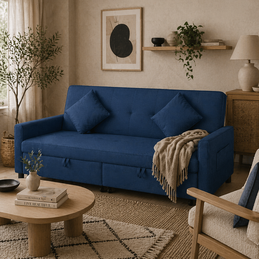 Sarova Difa Blue Fabric 3 Seater Convertible Sofa Bed