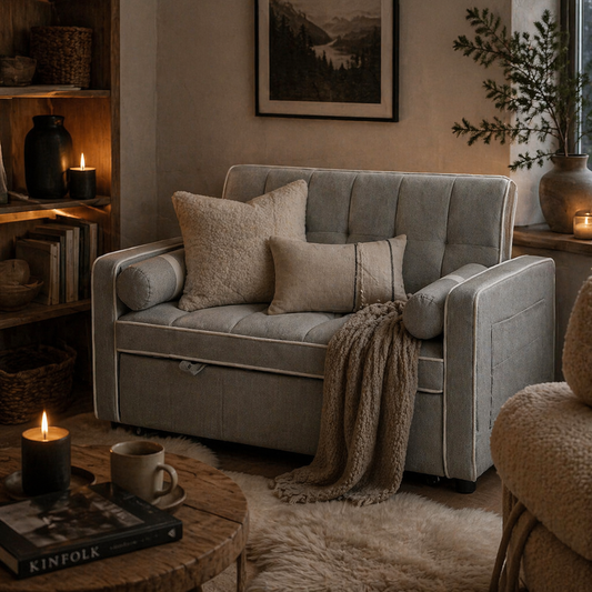 Tapa Linen Effect Light Grey Upholstered 2 Seater Sofa Bed White Trim