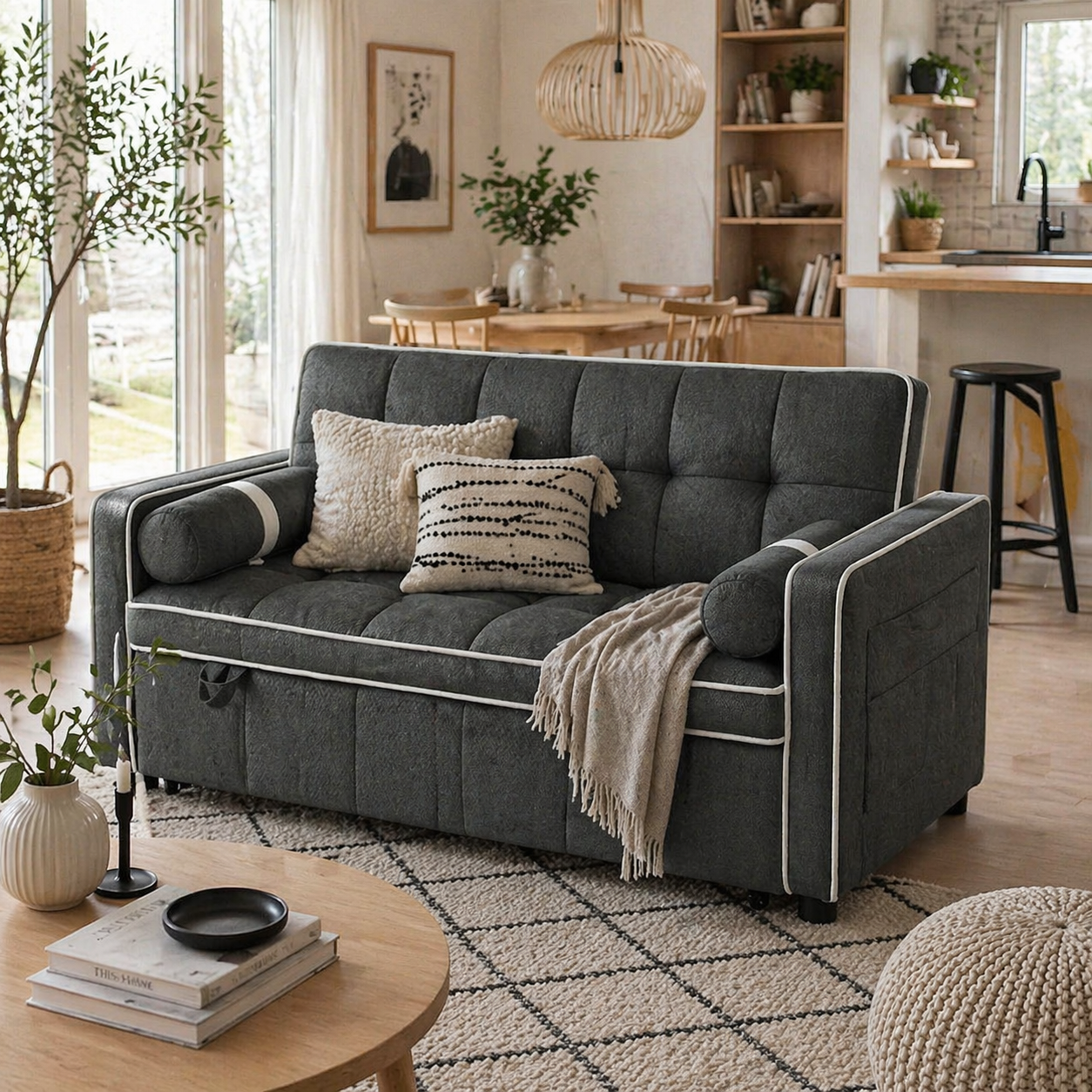 Tapa Linen Effect Dark Grey Upholstered 2 Seater Sofa Bed White Trim