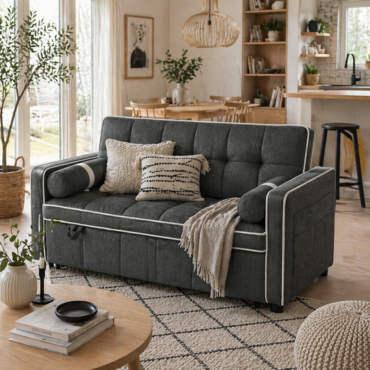 Tapa Linen Effect Dark Grey Upholstered 2 Seater Sofa Bed White Trim