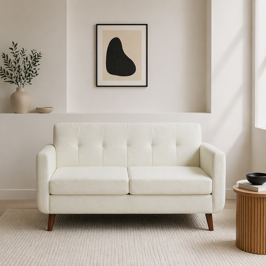 Yofi Off White 2 Seater Sofa With Tufted Back Dark Wooden Angled Legs