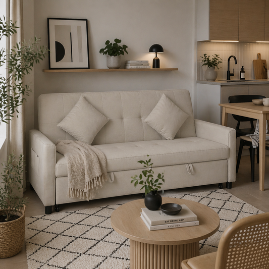 Yokari Beige Upholstered 3 Seater Convertible Sofa Bed Tufted