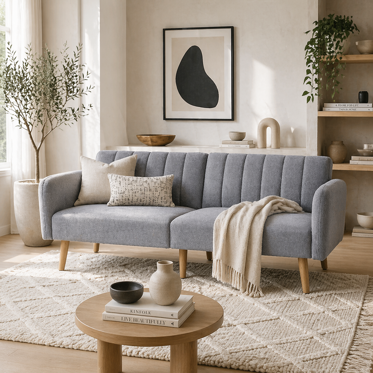 Dodi Minimalist Light Grey 3 Seater Sofa Bed With Panel Tufted Back Design