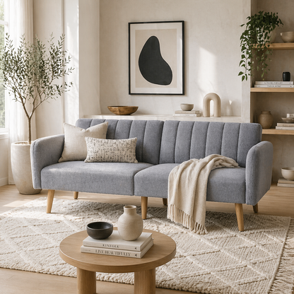 Dodi Minimalist Light Grey 3 Seater Sofa Bed With Panel Tufted Back Design