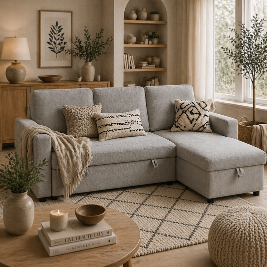Tafaha Light Grey Pull Out Sofa Bed With Storage and Side Pockets