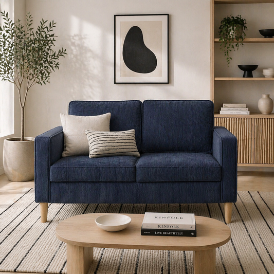 Rozike Nodi Corduroy Blue Compact 2 Seater Sofa Natural Wooden Legs