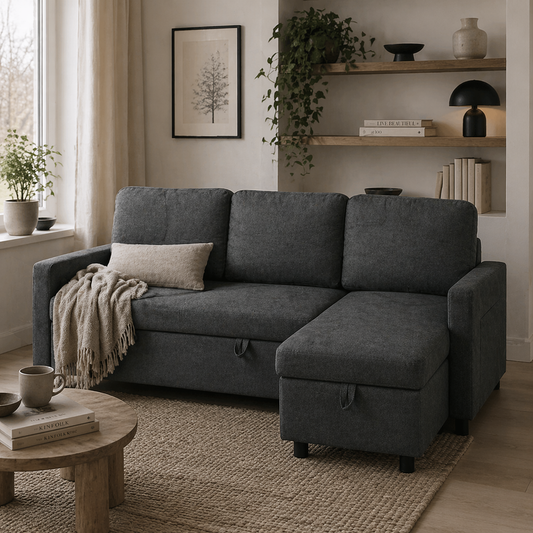 Sesune Yoli Charcoal Grey Upholstered Pull Out Sofa Bed With Storage and Side Pockets