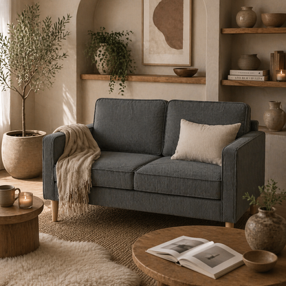 Sono Vare Corduroy Grey Compact 2 Seater Sofa Natural Wooden Legs
