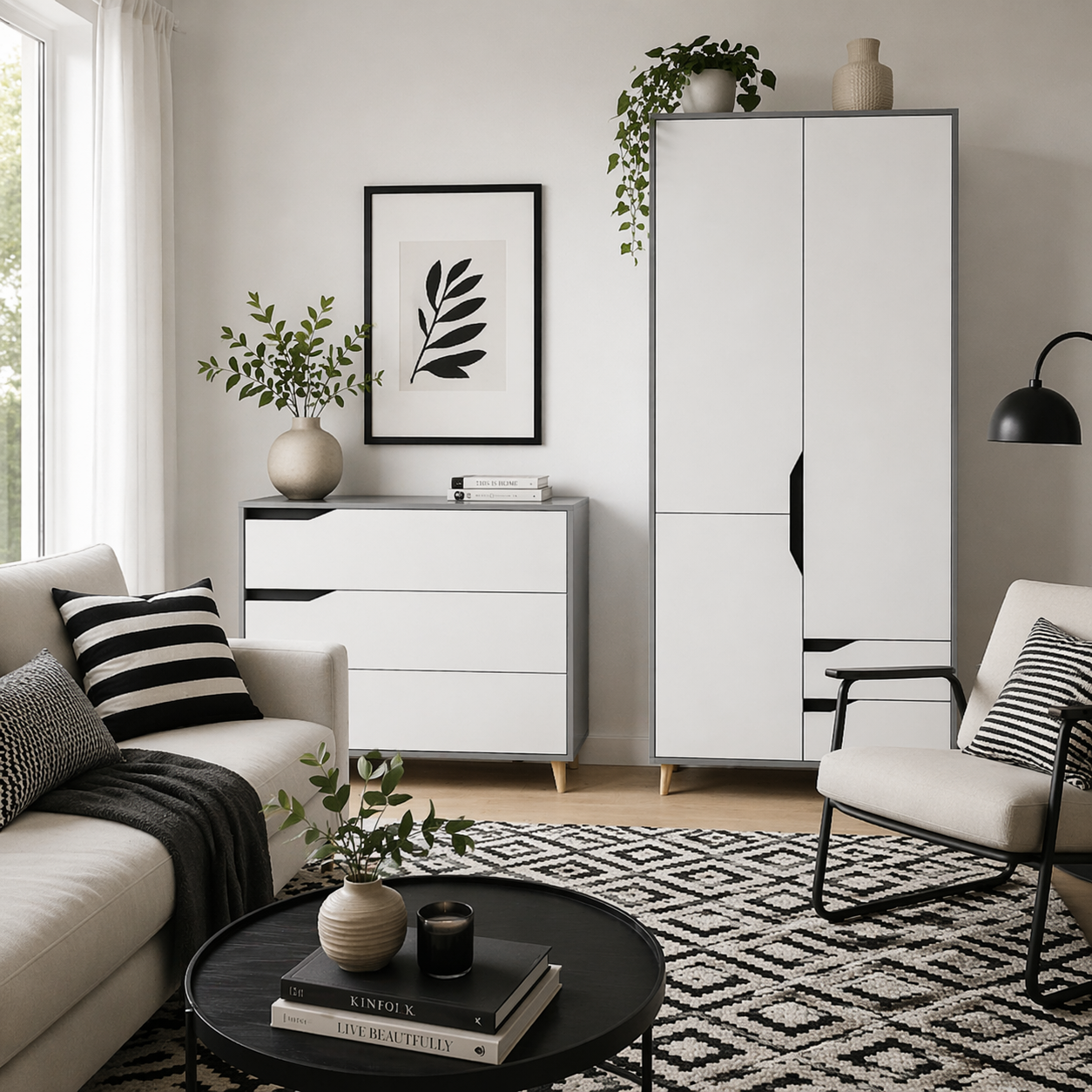 Demimar Grey And White Bedroom Furniture Set With Wardrobe and Chest Of Drawers