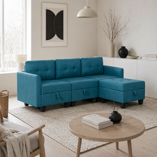 Torono Light Blue Upholstered Modular L Shaped Sofa With Built In Storage