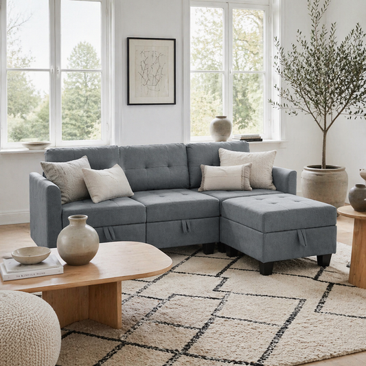 Vinole Rado Fabric Dark Grey Modular L ShaFauxd Sofa With Built In Storage