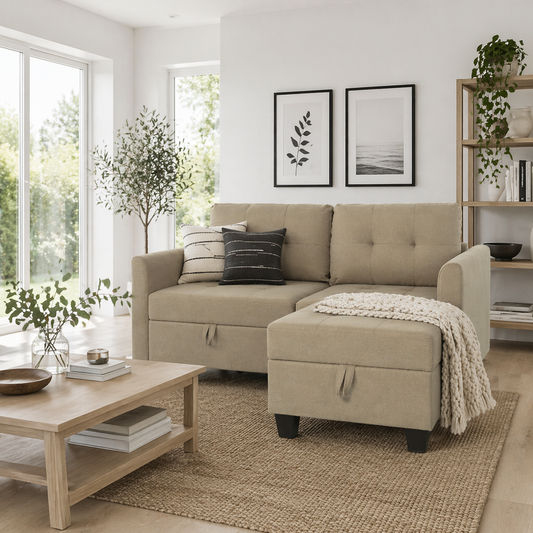 Yokata Light Brown Upholstered Modular L Shaped Sofa With Integrated Storage