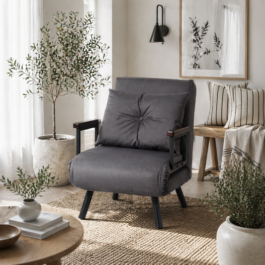Tanopa Velvet Charcoal Grey 4 In One Convertible Single Chair Bed With Pillow