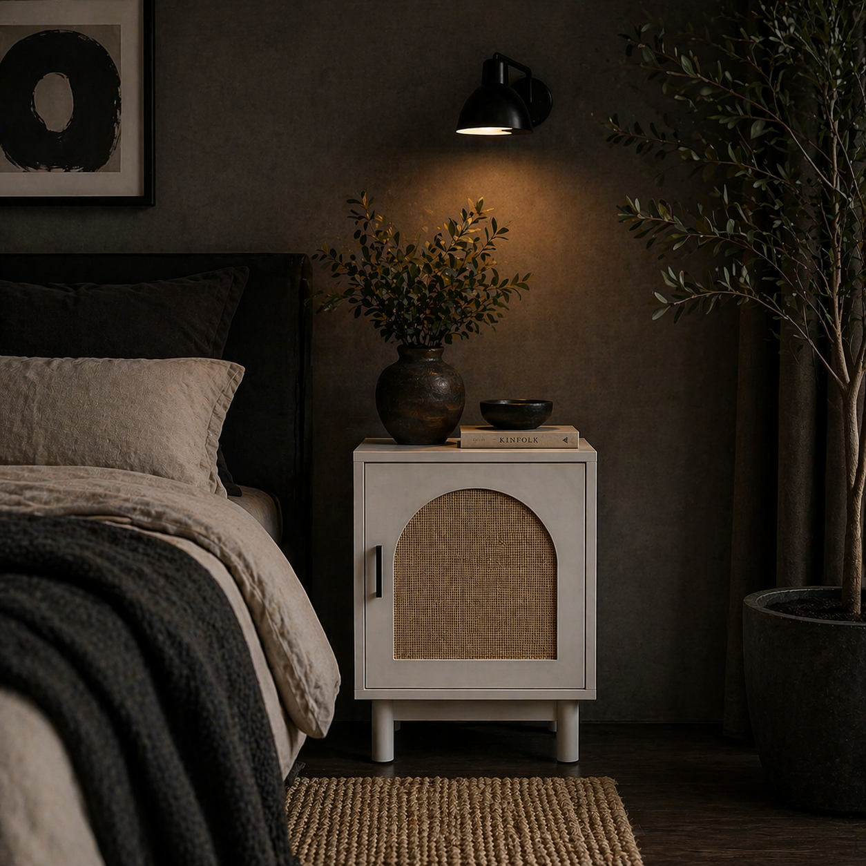 Luna White Wooden Rattan Bedside Table With Door