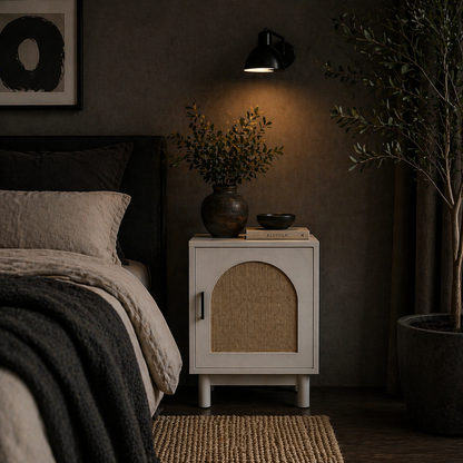 Luna White Wooden Rattan Bedside Table With Door