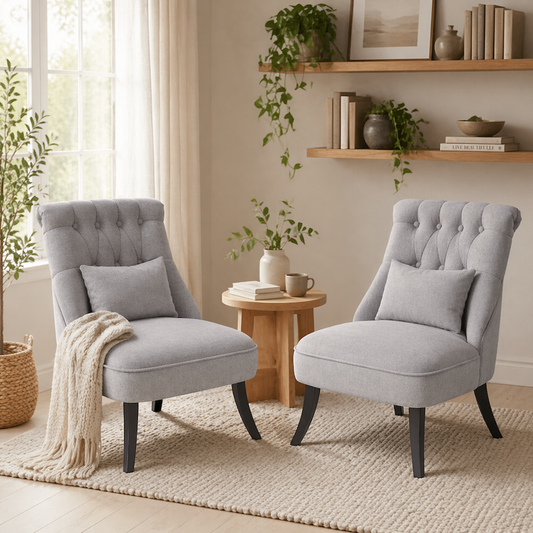 Sava Grey Set Of 2 Armless Button Tufted Tub Chairs With Linen Upholstery