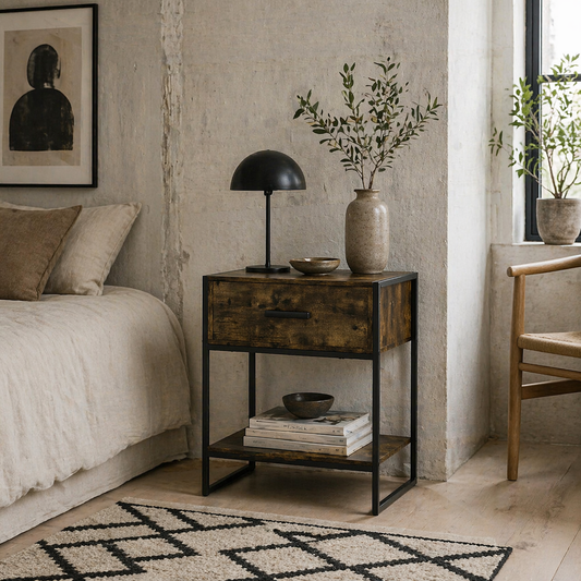 Likeli Rustic Brown Modern Bedside Table With Bottom Shelf and Drawer