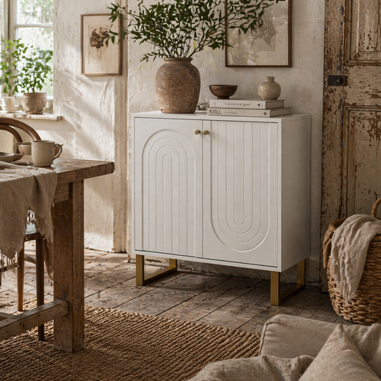 Tarezi Nedi White 2 Door Sideboard Storage Cabinet With Golden Accents