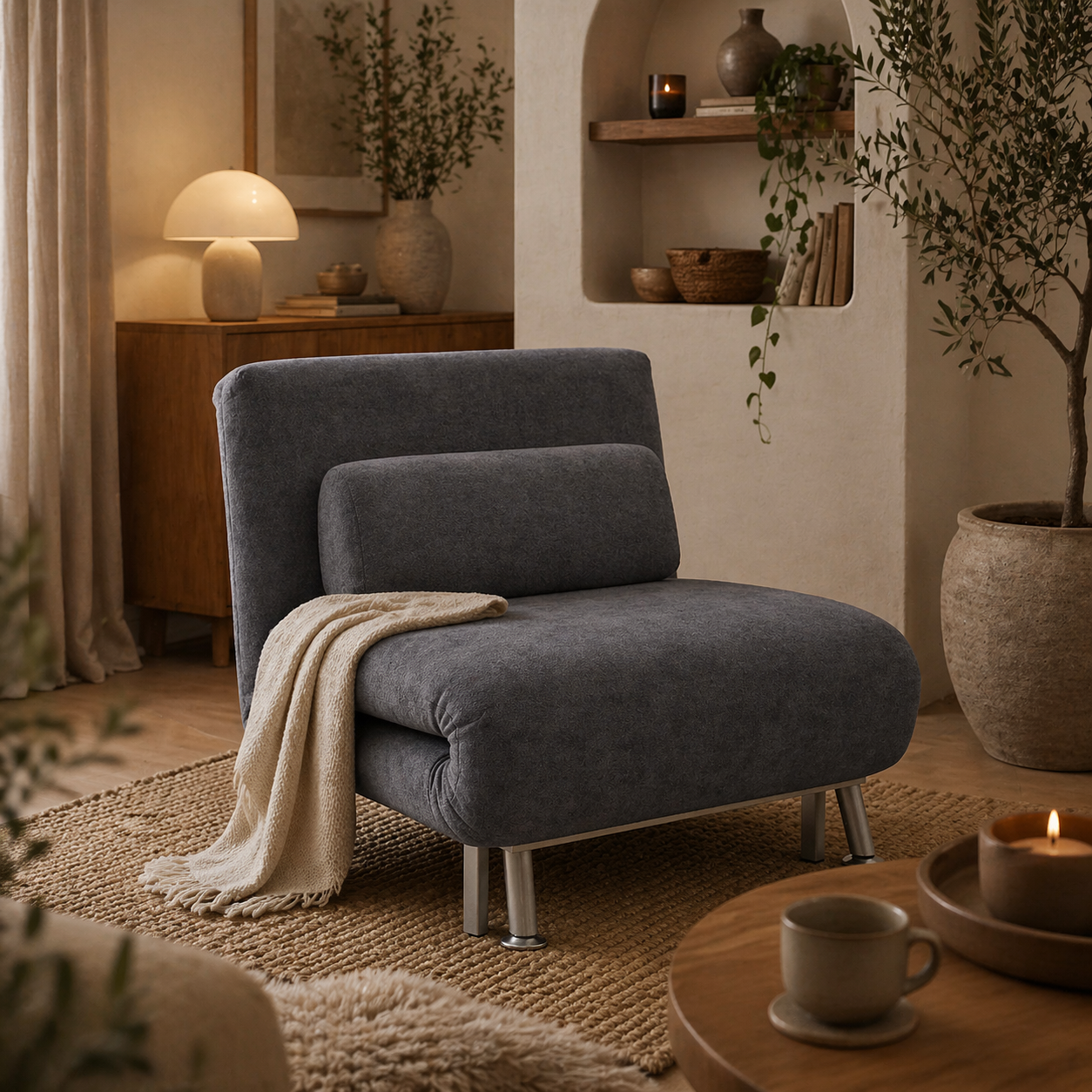 Tomi Safi Charcoal Grey Velvet Single Sleeper Chair