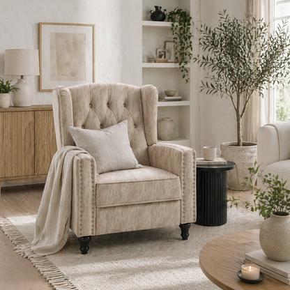 Conofa Beige Fabric Chesterfield Mid Century Style Reclining Armchair