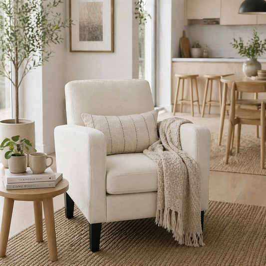 Venena Cream Fabric Upholstered White Accent Chair With Black Wooden Legs