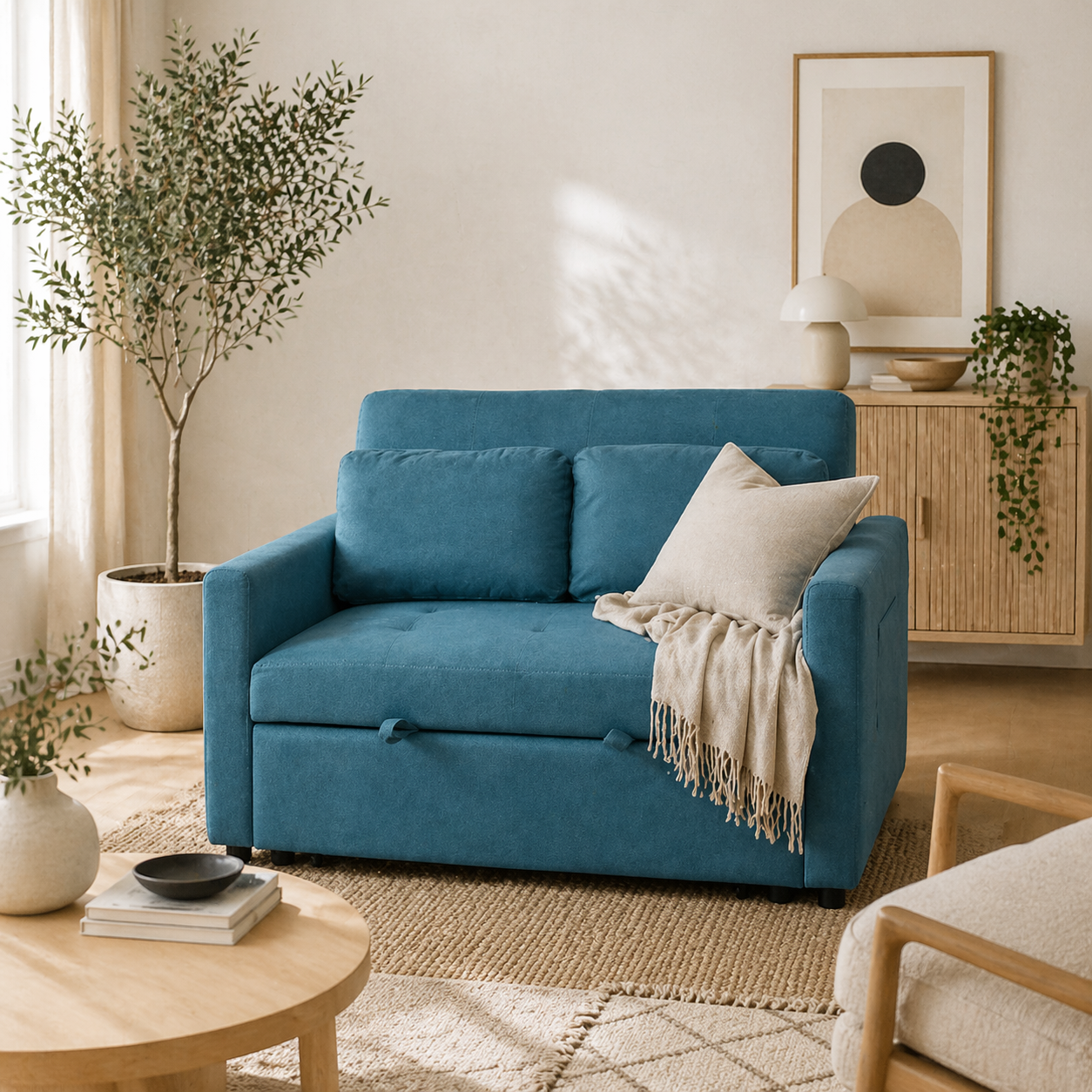 Codoha Kapa Fabric Blue 2 Seater Sofa Bed With Side Pockets And Cushions