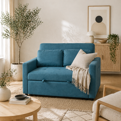 Codoha Kapa Fabric Blue 2 Seater Sofa Bed With Side Pockets And Cushions