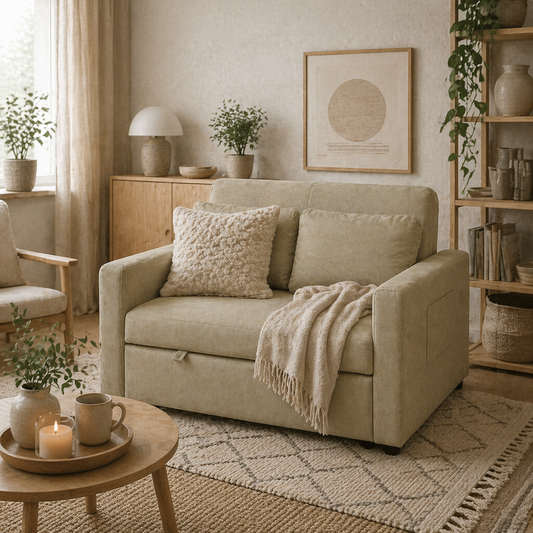 Venido Loni Beige Fabric 2 Seater Sofa Bed With Side Pockets And Cushions