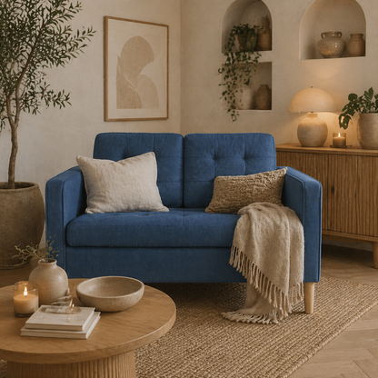 Vanasu Blue Compact 2 Seater Sofa With Hidden Storage Tufted Seat