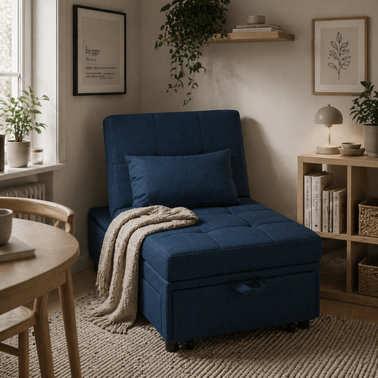 Leve Fabric Blue 4 In One Convertible Chair Bed With Adjustable Back Side Pocket Wheels And Pillow