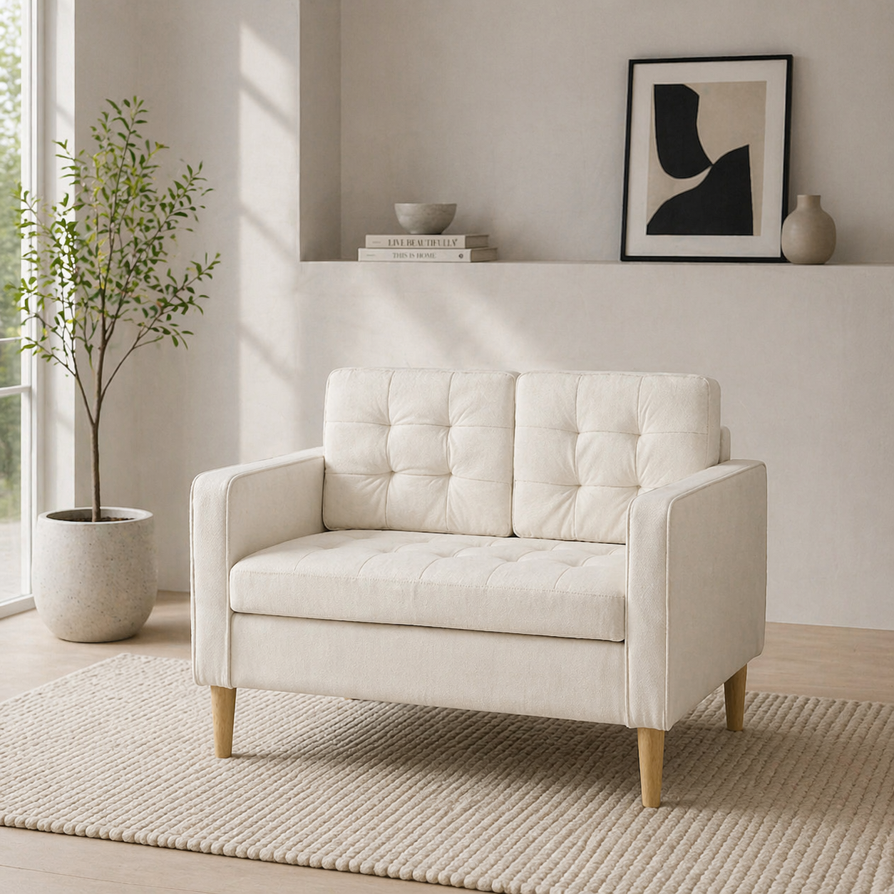 Motono Off White Compact 2 Seater Sofa With Hidden Storage Tufted Seat