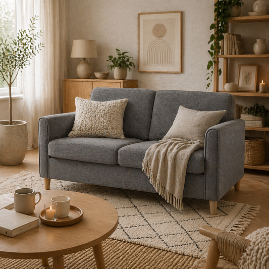 Loveka Fabric Grey Compact 2 Seater Sofa With Wooden Legs And Armrests