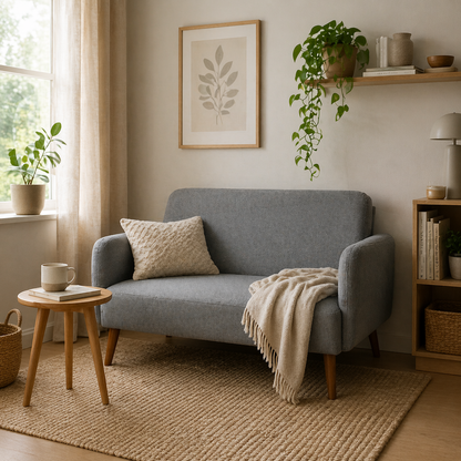 Midi Tami Grey Velvet Compact 2 Seater Sofa With Extra Thick Padding And Wooden Legs