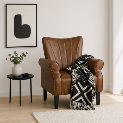 Vafi Brown Faux Leather Mid Century Accent Armchair With Rolled Arms And Wooden Legs