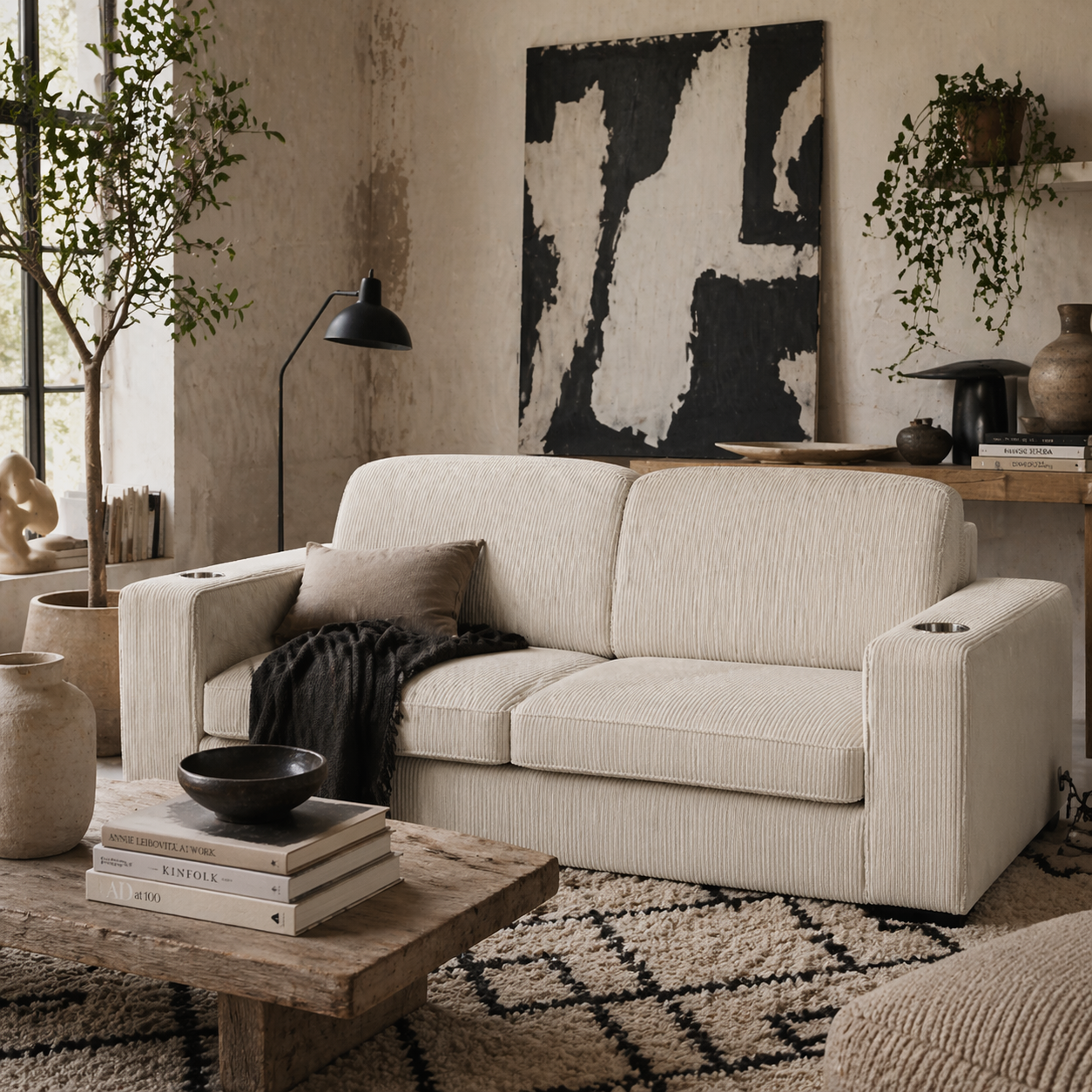 Tocomo Corduroy Cream Upholstered 3 Seater Sofa