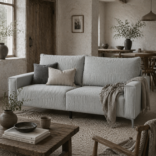 Pael Corduroy Light Grey 3 Seater Sofa Silver Metal Legs