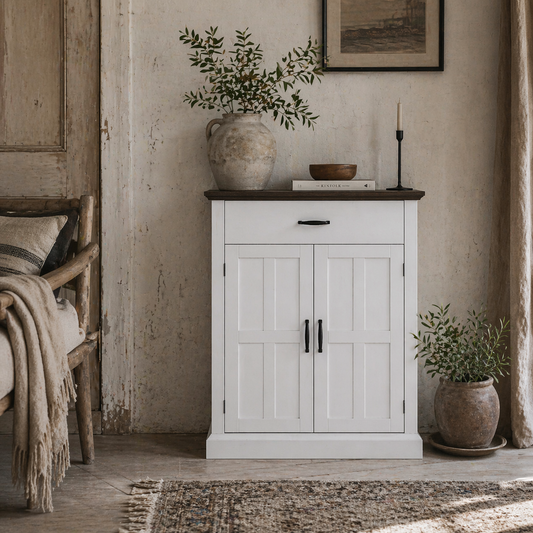 Marina Colu White Farmhouse Sideboard With Drawer Top And Twin Barn Doors