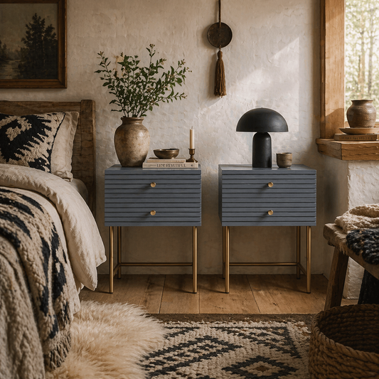 Lika Set Of 2 Grey And Gold Elegant Bedside Tables Ribbed Drawers