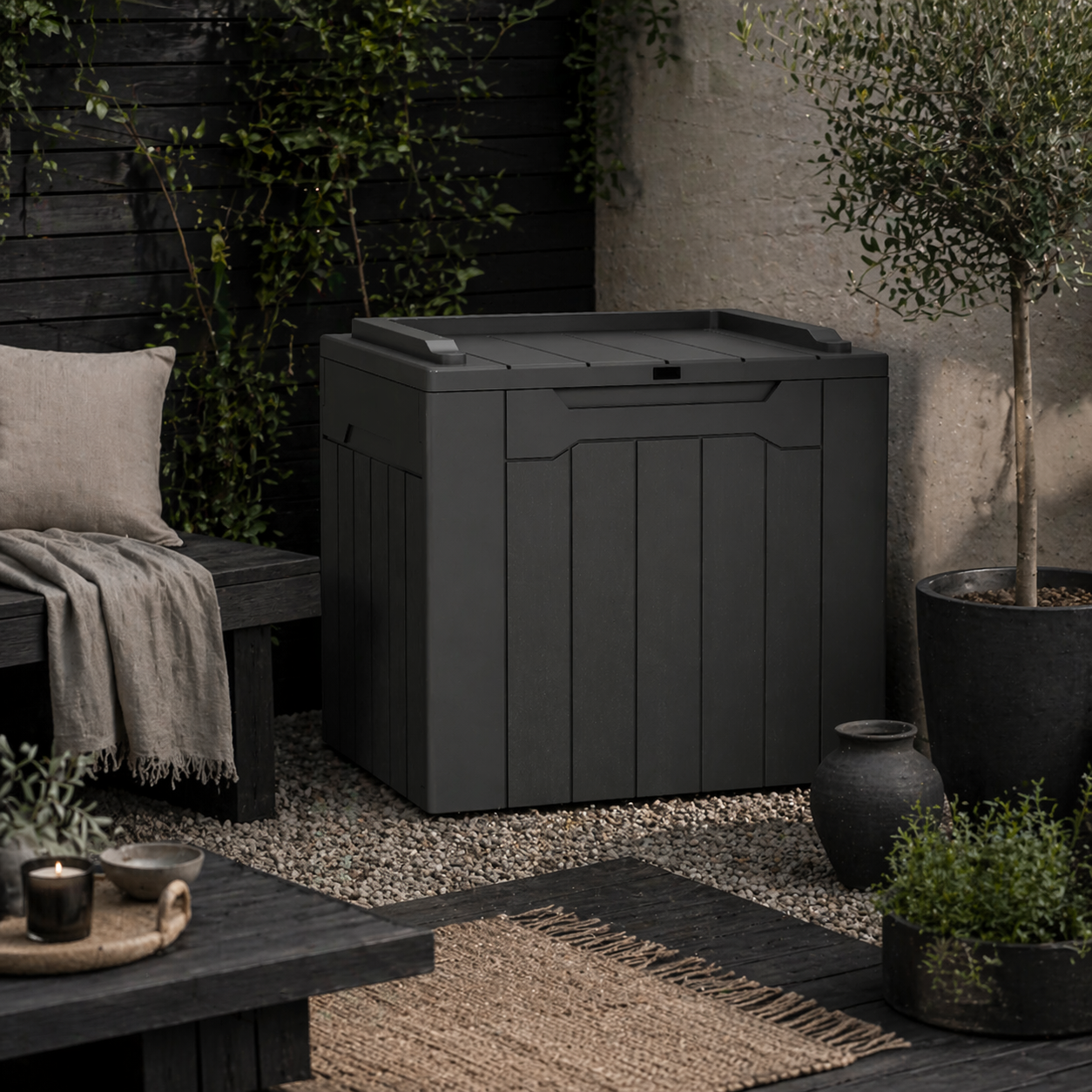 Baseso Plastic Charcoal Grey Outdoor Storage Chest With Lift Lid 107 Litre Capacity