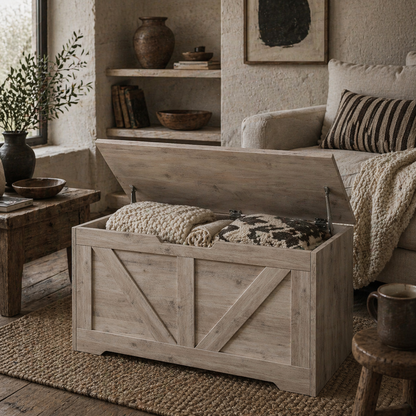 Kamari Grey Wood Farmhouse Storage Chest Safety Hinges 100 Litre