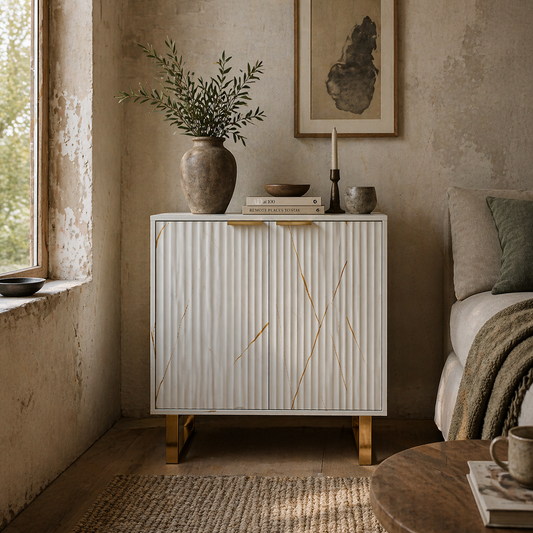 Redi Sora White And Gold Elegant Sideboard With Ribbed Finish