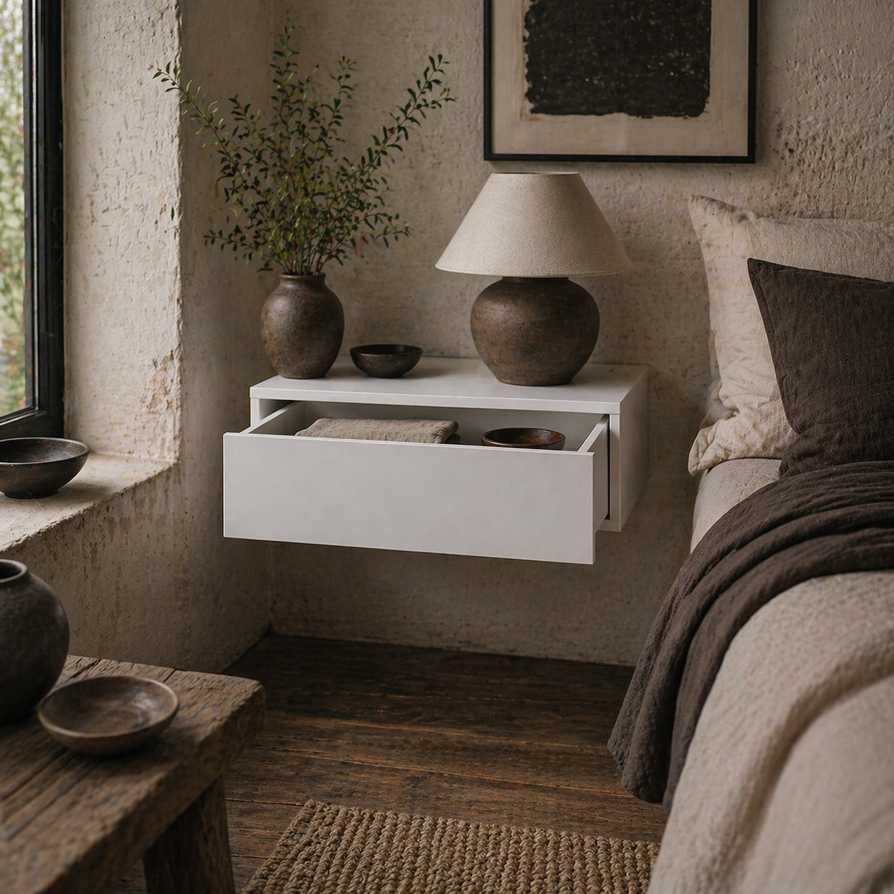 Sosa White Wall Mounted Floating Bedside Table With Storage Drawer