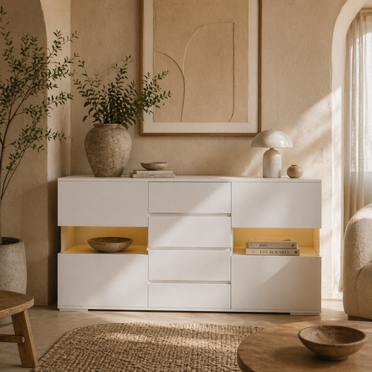 Latoli High Gloss White Sideboard With Integrated LED Lighting 4 Drawer 4 Doors