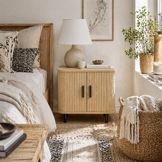 Ritava Natural Oak Tambour Bedside Table 2 Sliding Doors Black Metal Legs